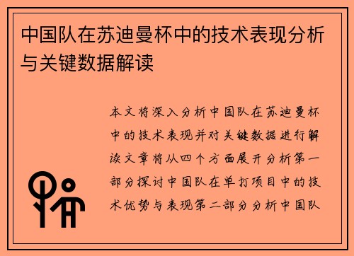 中国队在苏迪曼杯中的技术表现分析与关键数据解读