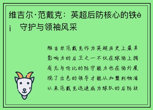 维吉尔·范戴克:英超后防核心的铁血守护与领袖风采 维吉尔·范戴克:英超后防核心的铁血守护与领袖风采