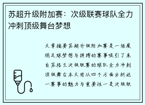 苏超升级附加赛：次级联赛球队全力冲刺顶级舞台梦想